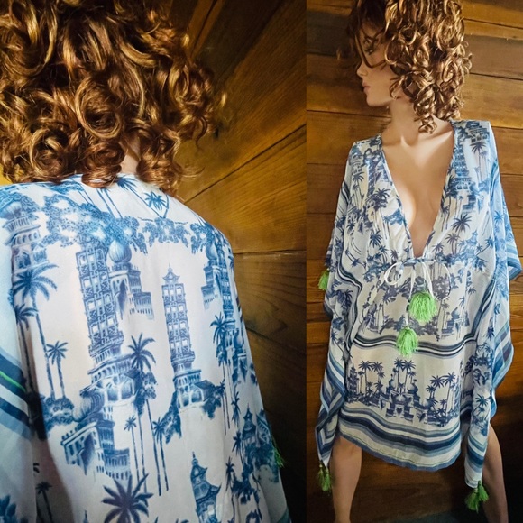 NWT Violet Sky Moroccan Travel Postcard Print Swimsuit Cover-Up Caftan M AS-IS - Picture 2 of 16